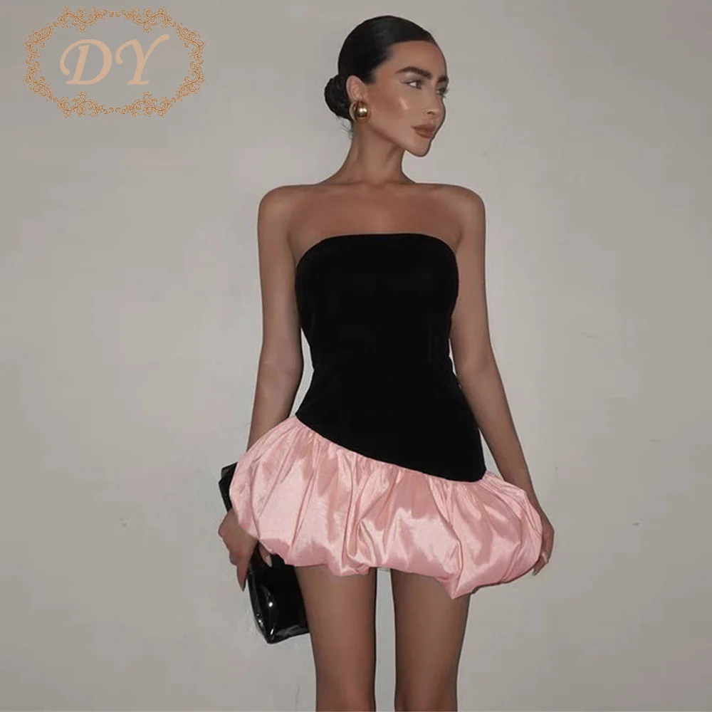 

DY Sexy Strapless Mermaid Short Prom Cocktail Dresses Pink Satin Black Velvet Mini Homecoming Gown Customized For Formal Evening