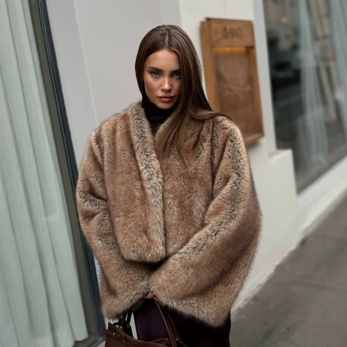 Women's Camel Brown Plush Faux Fur Coat 2026 Winter Warm Fluffy Crop Jacket Lapel Collar Open Front Elegant Fashion