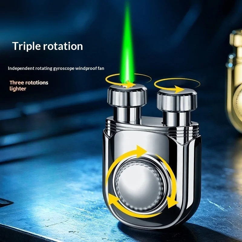 2026 Zinc Alloy Creative Three Rotating Gyroscope Windproof Green Flame Butane Gas Lighter Visible Gas Window Outdoor Cool Play