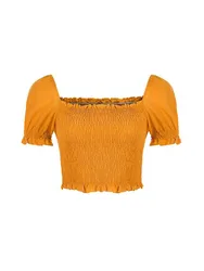 Tops cortos de moda de verano para mujer, camisetas cortas informales de manga abombada con cuello oblicuo para playa