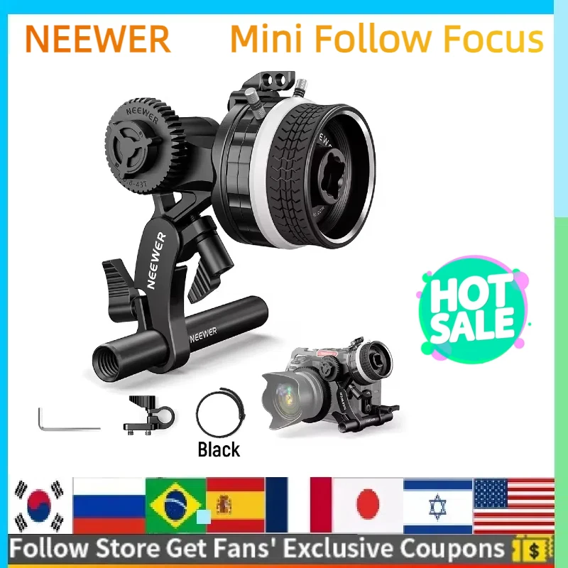 NEEWER Mini Follow Focus with A/B Stops, Lens Gear Ring, 15mm Rod & Rod Clamp for Cinema Camera, DSLR/Mirrorless Camera