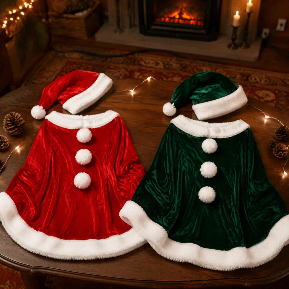 Soft Polyester Christmas Cloak and Hat Thick Warm Xmas Cape Windproof Shawl Santa Claus Costume Christmas Party Costume