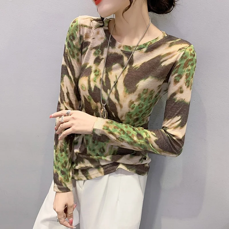 Faionable bedrukt lang Sve rond Ne T-shirt dames slim fit basis irt kleur Blo lente nieuwe Sle woon-werkverkeer Koreaanse Ve...