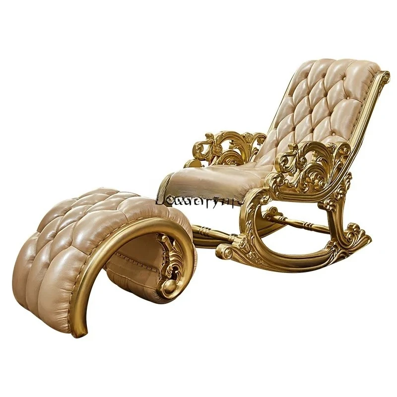 

European solid wood first layer cowhide leather deck chair balcony leisure bedroom furniture European rocking chair