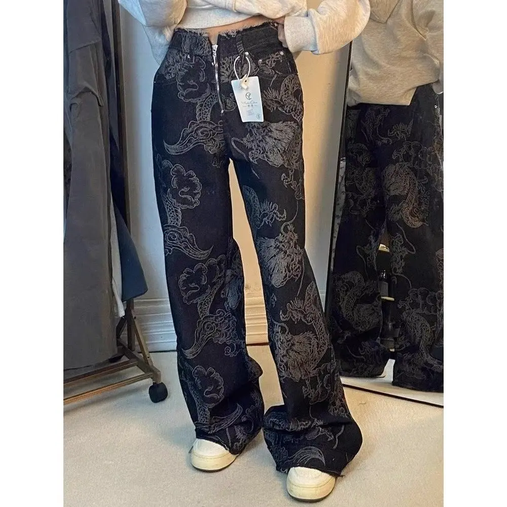 Summer New National Tide Dragon Print Embroidery Straight Jeans Female 2024 High Street Spice Girl Loose High Waist Slim Jeans