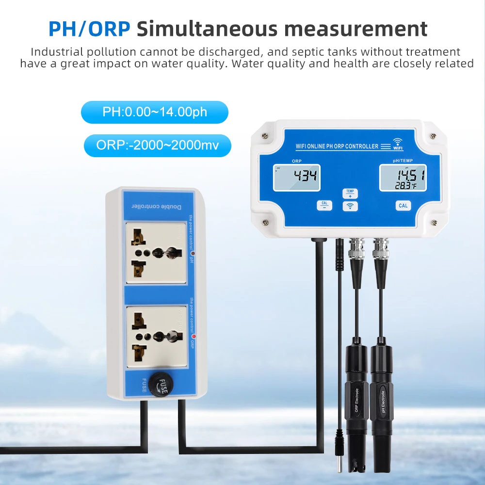 3 in1 WiFi Digital PH ORP Temp Meter Water Quality Tester Online Remote Multifunction Smart Monitor Tuya APP Control EU Plug