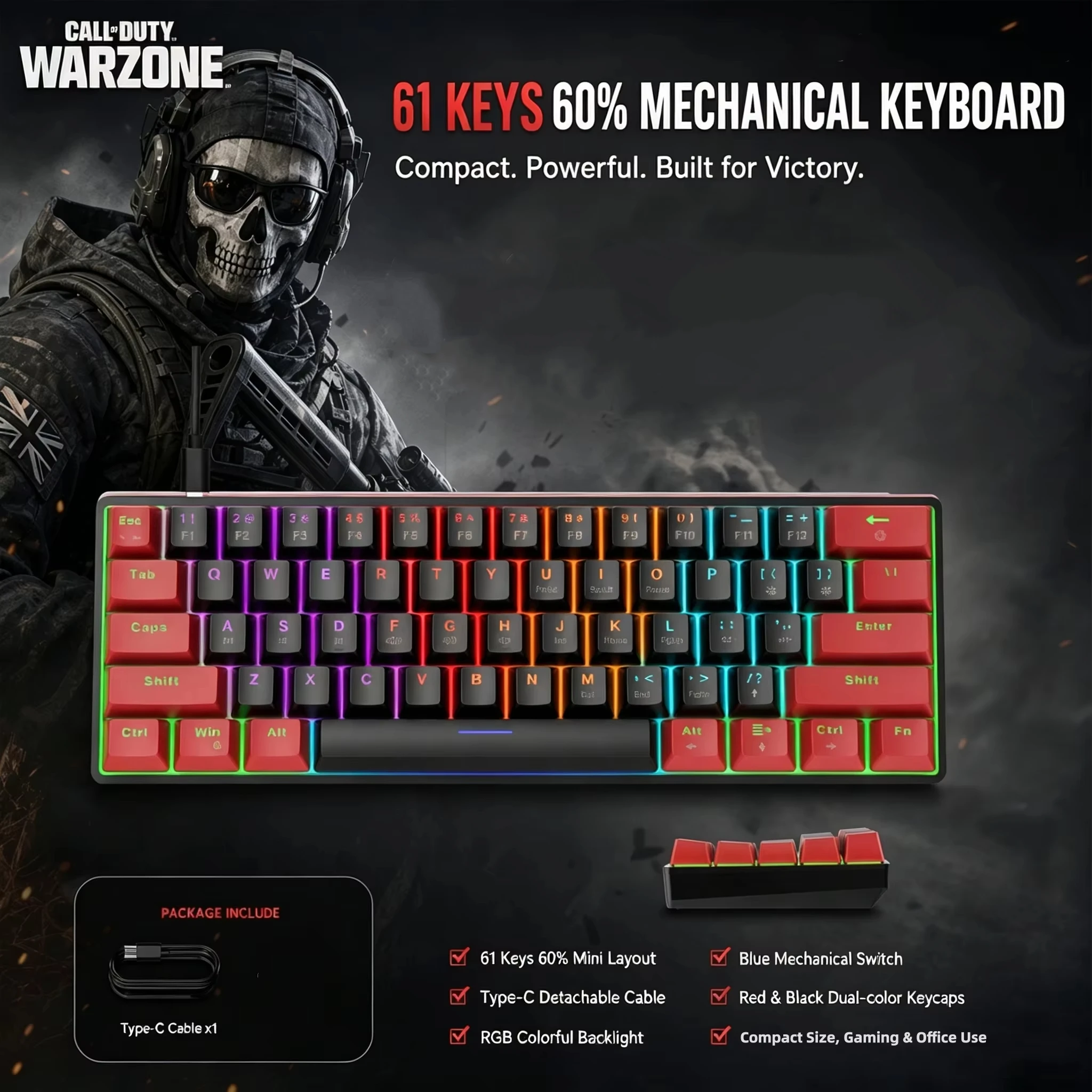 HXSJ Gaming Keyboard with 61 keys, anti-fading key caps, ergonomic design.Hot Swappable  keyboard suitable for PC, laptops