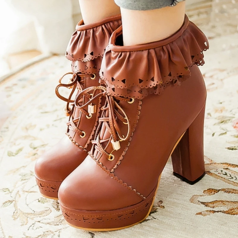 Autumn Winter Women\'s Ankle Boots Platform White Black Pink Sweet Short Boot Lace up Footwear Lolitas Shoes Girls Big Size 45