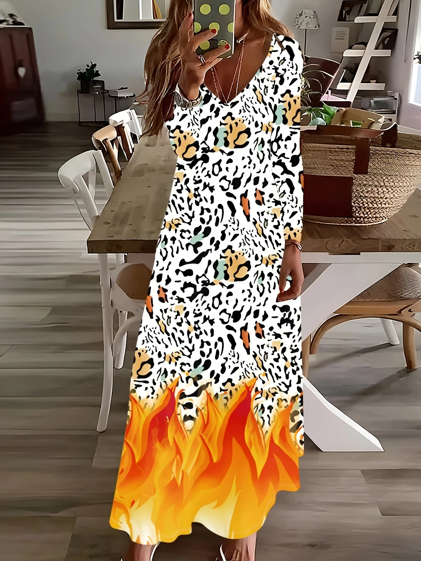 Printed Design Leisure style leopard print flame pattern long sleeved dress