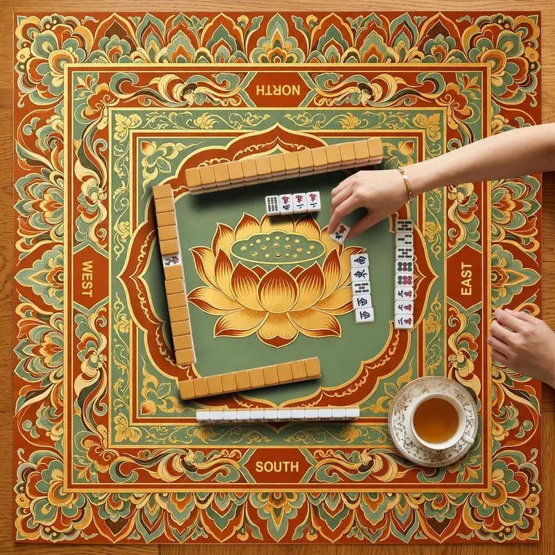 VIKAMA Dunhuang Golden Lotus Mahjong Mat Retro Thickened Pad Four Directions Household Mahjong Domino Cover