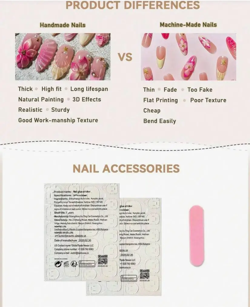 10 Stück 3D Blumen Goldperlen Handgemachte Press-On Nägel Nude Pink French Almond Künstliche Nägel M/S/XS Tragbare Falsche Fingertips – Detail 4
