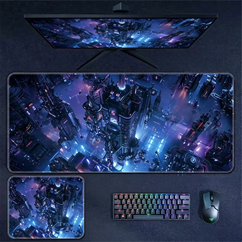 Rubber Gaming Mouse Pad, Mecha Warrior & Sci-fi City Pattern, Thick Stitched Edge Keyboard Desk Mat Multiple Sizes Available