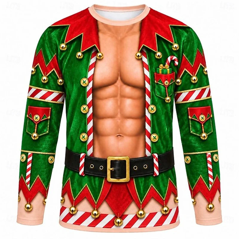 New Men's Novelty Christmas Long-Sleeve T-Shirt 3D Faux Muscle Print Pullover Loose Crew-Neck Fit Festive Party Cosplay Top