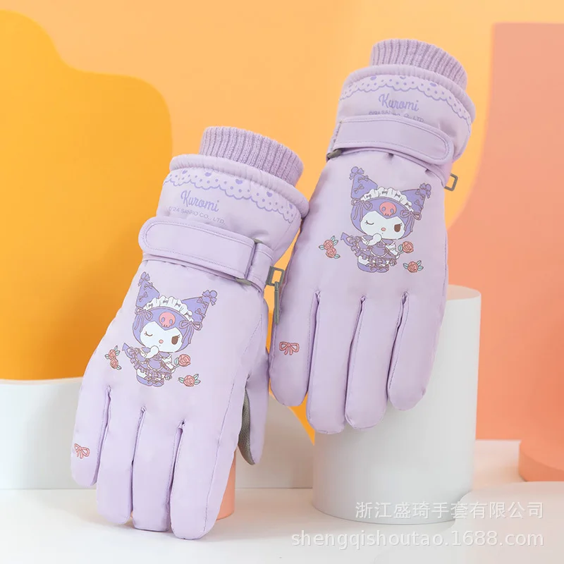 Kawaii Sanrio Cartoon Children Gloves Cute Anime Kuromi My Melody Autumn Winter Padded Warm Ski Gloves Girls Christmas Gift Toys