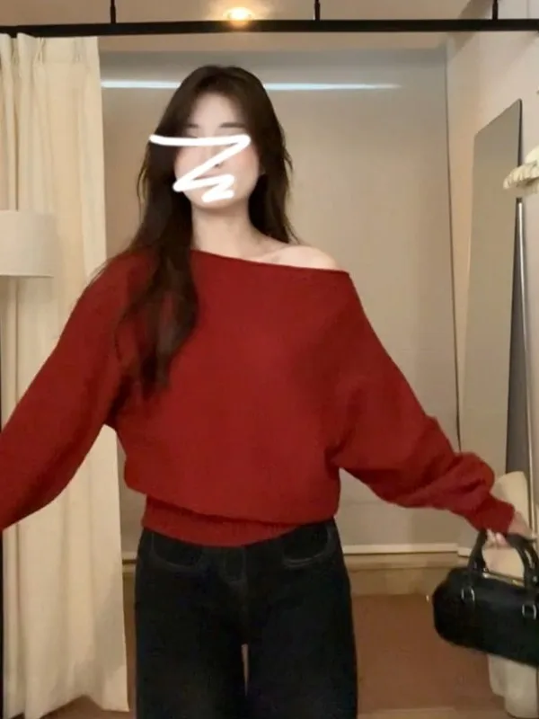 

Korean Sle Soft One-oulder Lantern Sve Knitwear Autumn Winter Loose Inner Wear Casual Single Piece Polyester Fiber