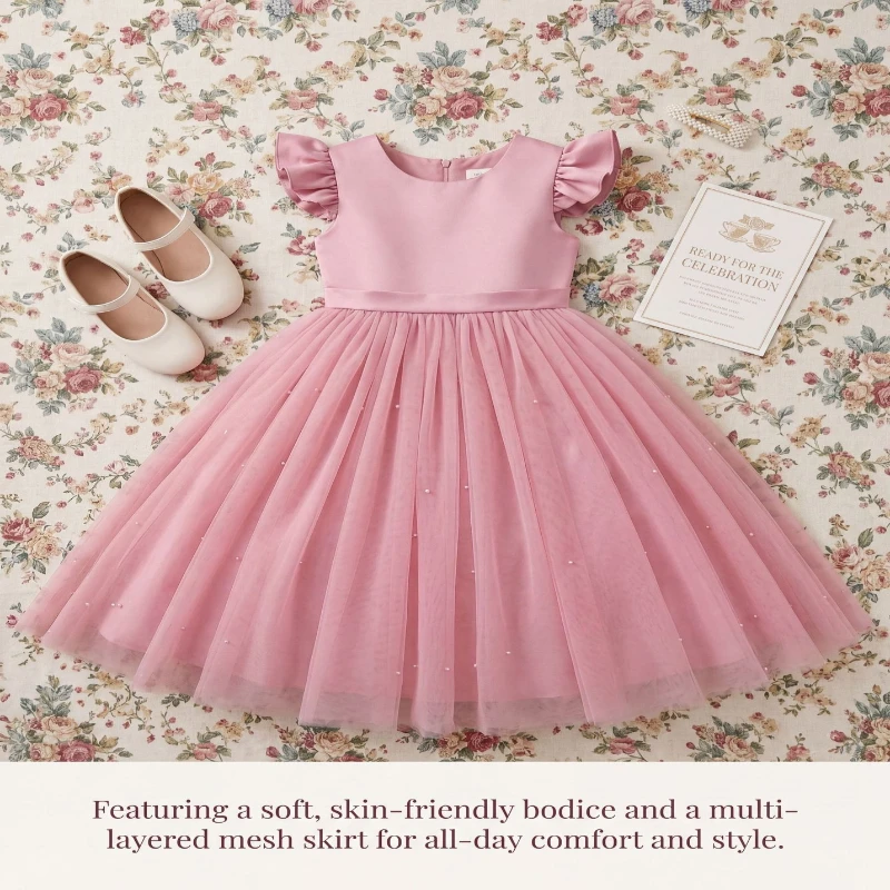 Kids Pearl Flare Sleeve Princess Dress Elegant Children Formal Gown Girls Birthday Wedding Performance Dress