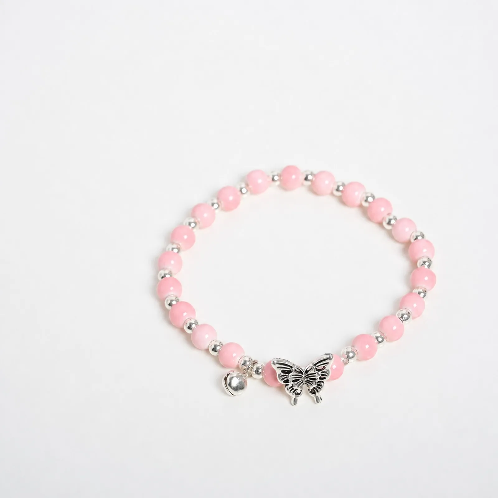 Pink Butterfly Handmade Ceramic Bead Bracelet Stretch Cord Handwoven Metal Accent Jewelry Fashion 17-19cm Y260713-11