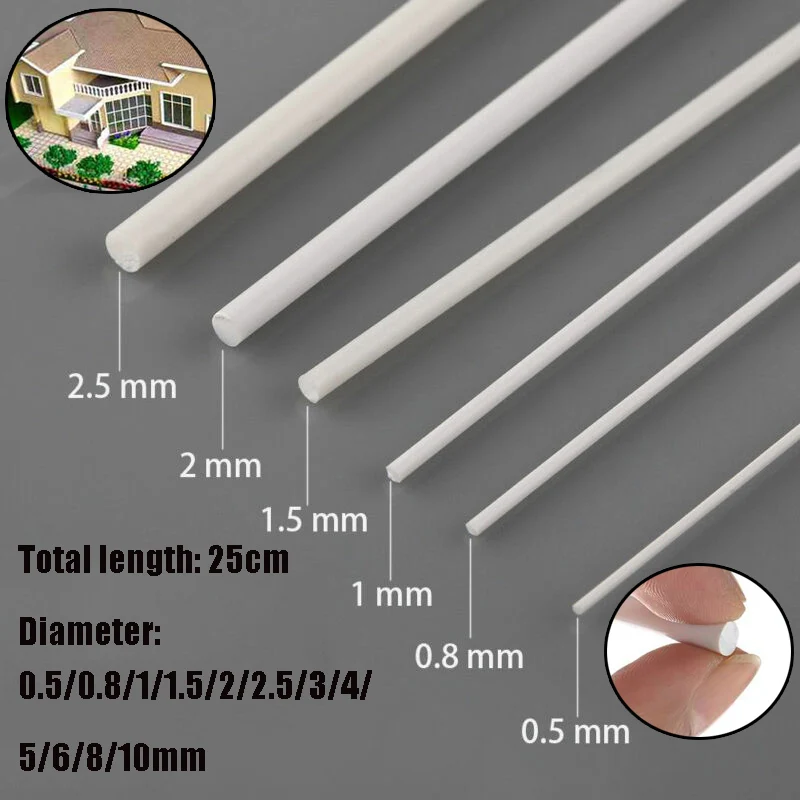 Tiges rondes en plastique ABS pour la maison, modèle de table de sable, bâton de construction, outil d'architecture paysagère, 1/5/25/50 pièces.