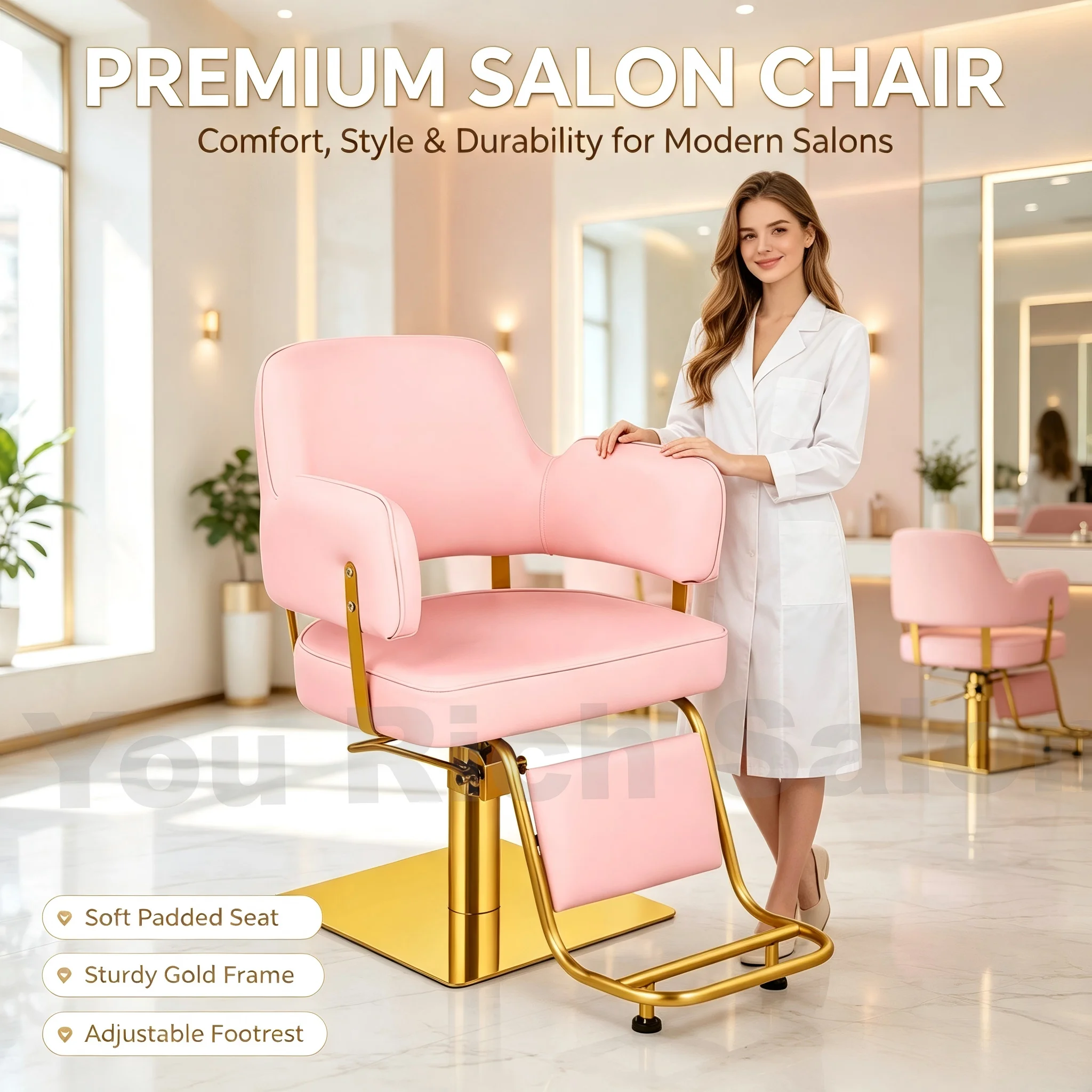 Pink Leather Hydraulic Styling Chair Gold Metal Base 360 Swivel Hair Salon Barber Chair With Footrest for Beauty Salon Use