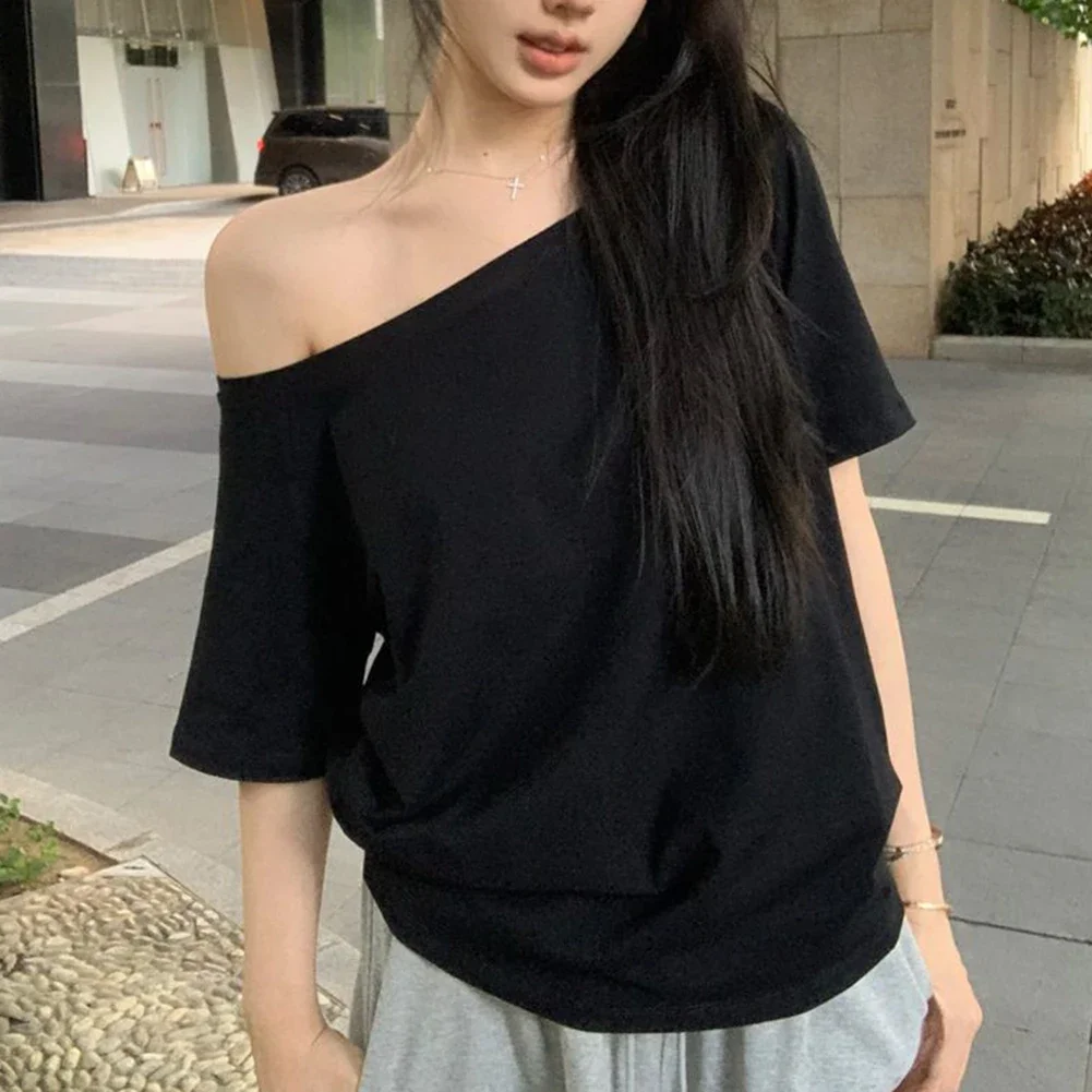 Women's Summer Casual T-Shirt Featuring Off Shoulder Neckline Short Sleeves And Solid Tone Loose Fit For All-Day Ease