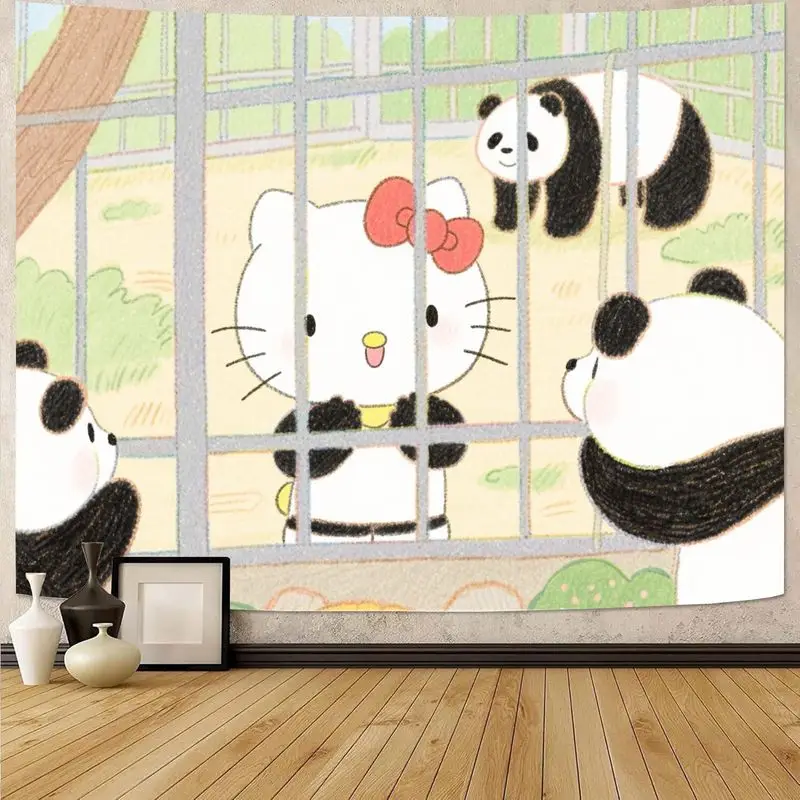 

1 шт. Kawaii Hello Kitty & Panda Friends Zoo гобелен, милый мультяшный настенный рисунок, прочный полиэстер, декор комнаты для девочек-подростков, подарок