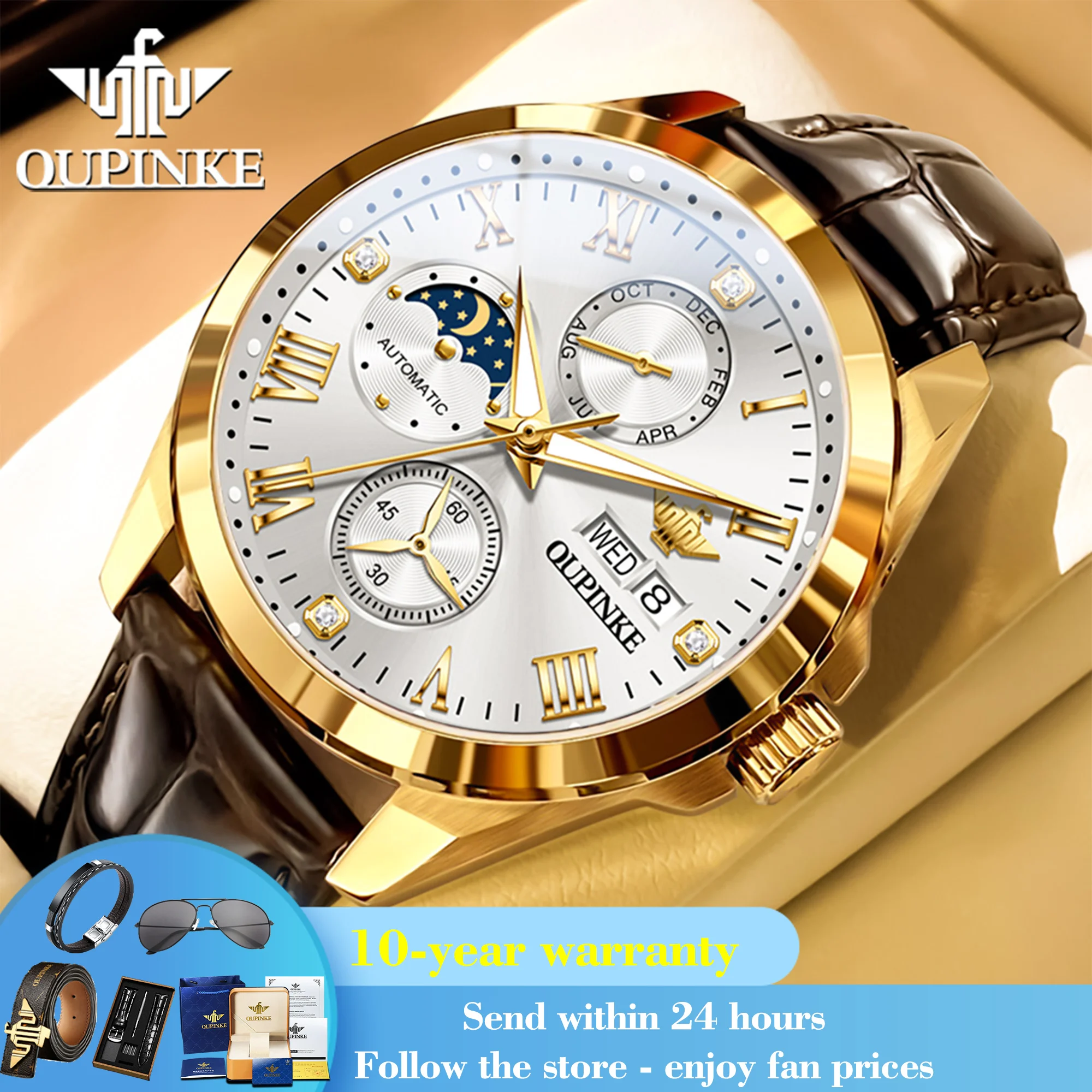 

OUPINKE 3300 Automatic Man's Watch Moon Phase Auto Date Mechanical Watch For Men Roman Scale Luxury Waterproof Men Wristwatch