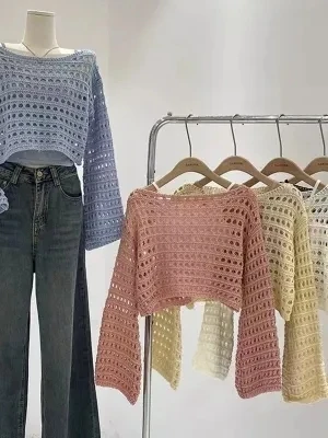 

Летний женский свободный вязаный свитер с вырезами, тонкий пляжный топ с круглым вырезом и длинными рукавами, коллекция 2026