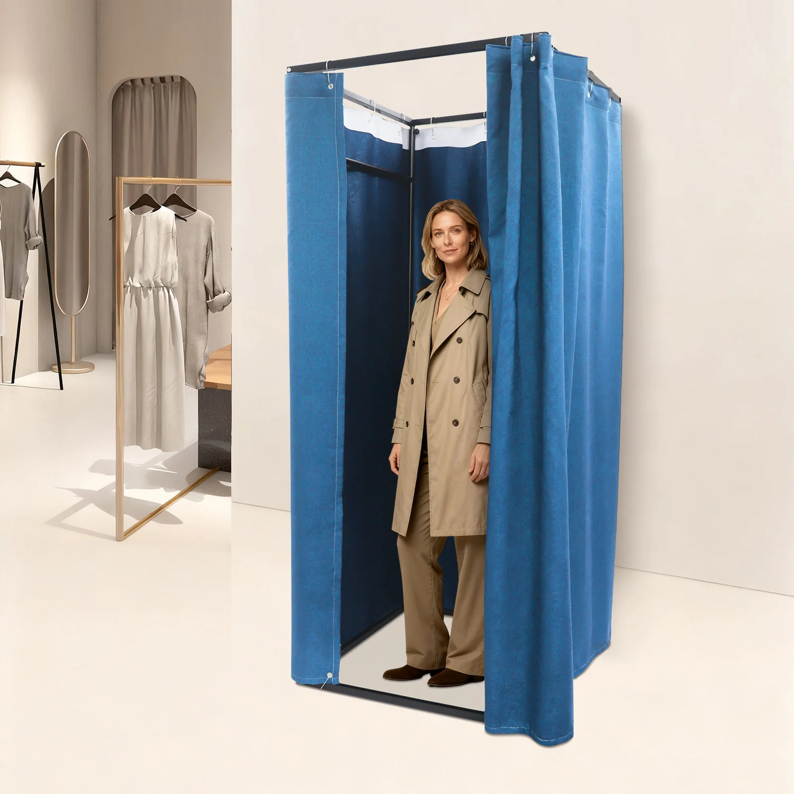 

85x85x200cm Clothing Store Fitting Room Changing Room w/ Curtain Freestanding Temporary Privacy Protection Room Blue/Coffee