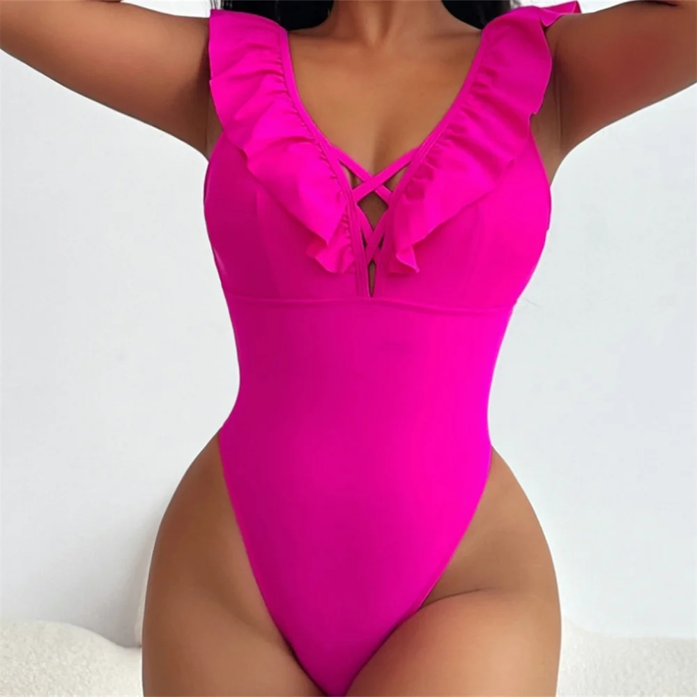 ขาสูง Rose บิกินี่สีแดง Ruffled Monokini ชุดว่ายน้ําเปลือยห้องพักช่วงวันหยุดชุดว่ายน้ําผู้หญิงชุดชายหาดบิกินี่ชุดว่ายน้ํา Bodysuit