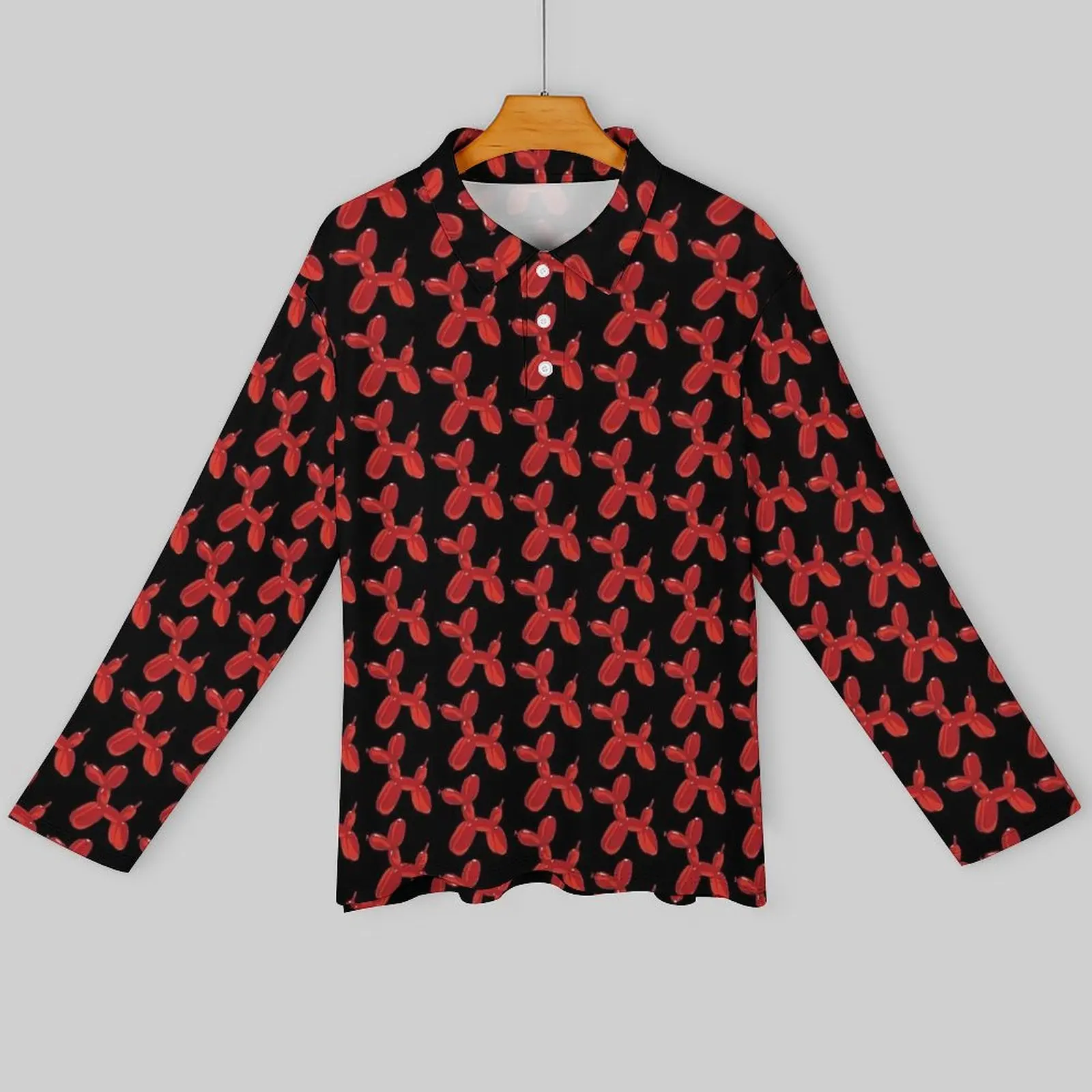 Red Balloon Dogs Polo Shirts Autumn Animals Print Casual Shirt Long Sleeve Collar Cool Pattern Oversized T-Shirts