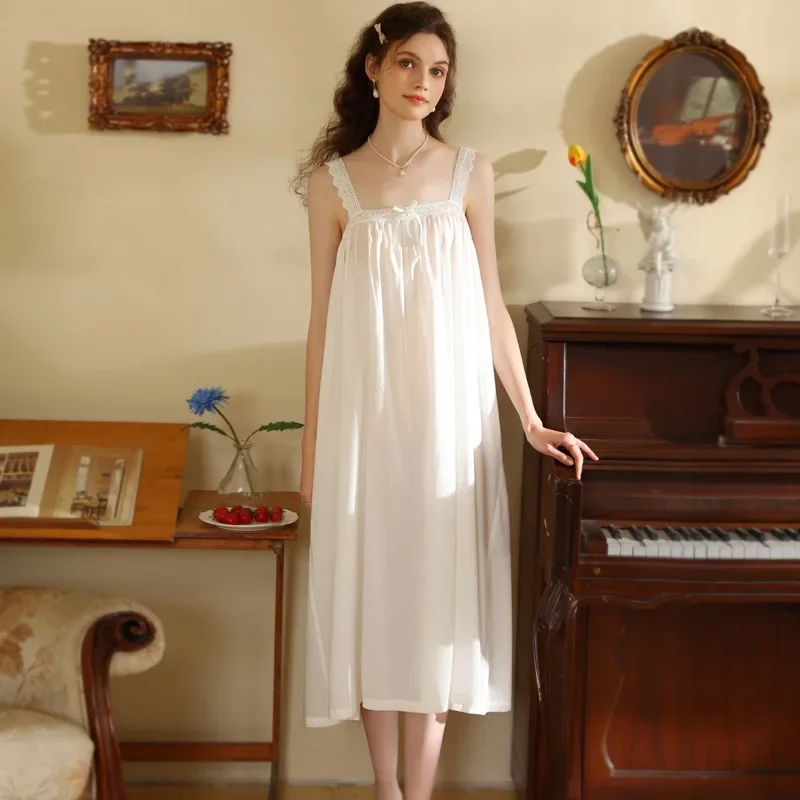 

Ночная рубашка с бантом в стиле ретро, новинка 2025, женская летняя ночная рубашка без рукавов, белое платье в стиле феи, пижама для женщин