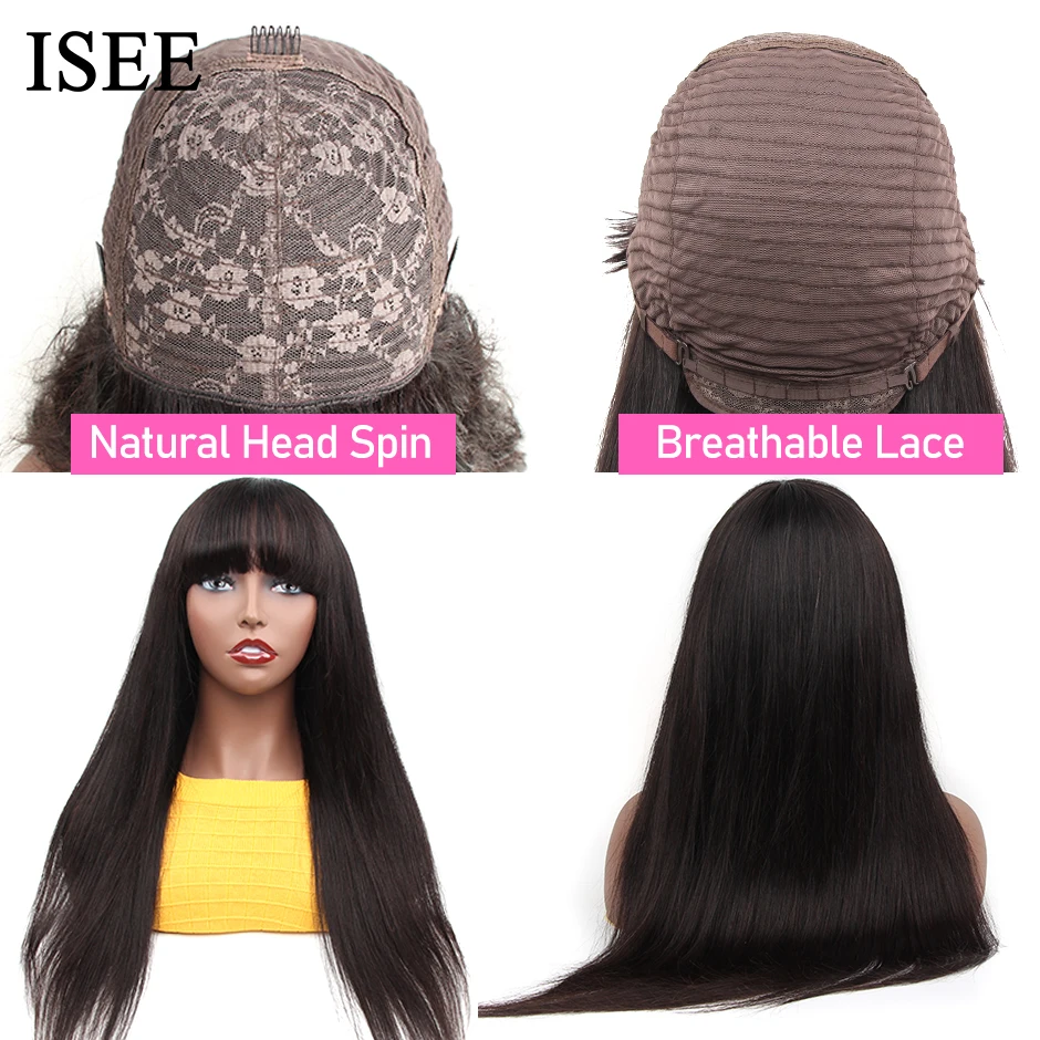 ISEEHAIR Machine Made Sew In Wig Human Hair Straight Wig Malaysian Straight Wig with Bang Natural Color For Women Wigs No Glue