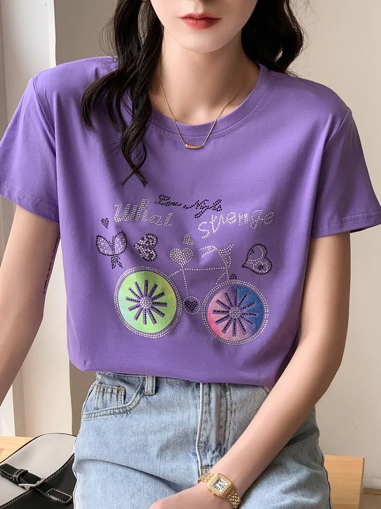 TuangBiang 2023 Summer Rhinestones Love Bike Cotton Purple T-Shirt Women O-Neck Loose Blue Tee Shirt Female Diamond Fashion Tops