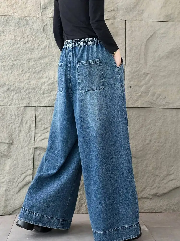 Masss Wasss 2026 Pantaloni in denim classici alla moda primaverile da donna Jeans vintage per il tempo libero Soild Pantaloni larghi in vita elastica allentata da donna