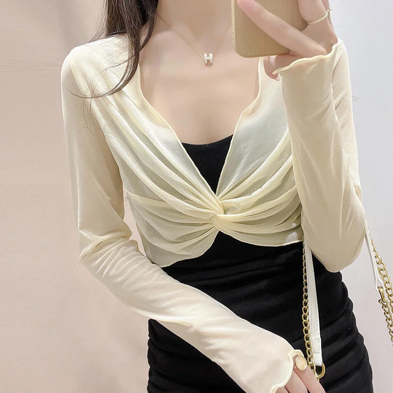 2023 Sunscreen Blouse Women Summer Thin Air-conditioned Room Shawl Long-sleeved Gauze Chic Beautiful Short Top