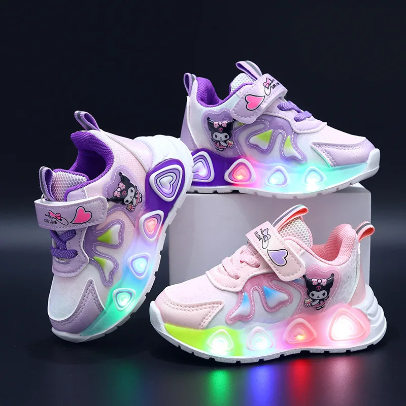 Kuromi Spring Autumn LED Lights Mesh Breathable and Luminous Casual Sports Shoes Childrens Soft Sole Outdoor Sneakers