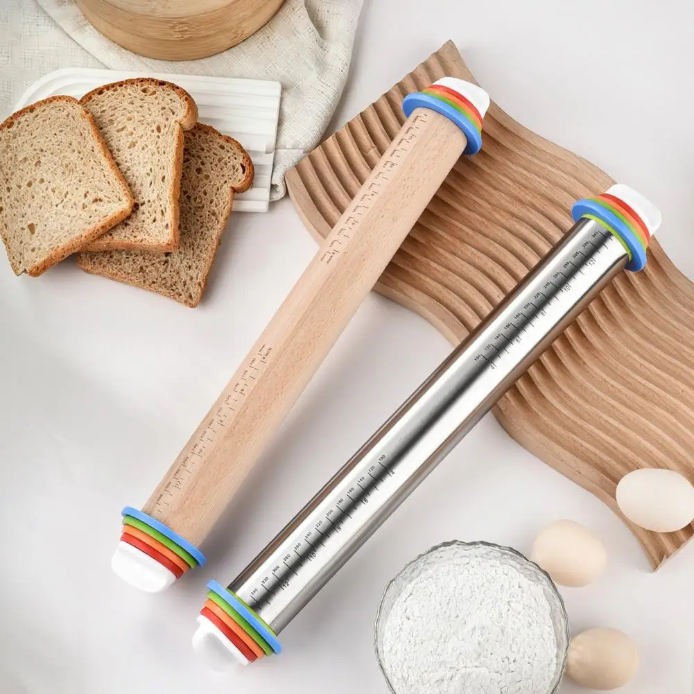 Rolling Pin with Thickness Rings, Ergonomic with Measurement Markings Kitchen Tool, Non-Stick Roller for Pizza Pie Pasta Cookies