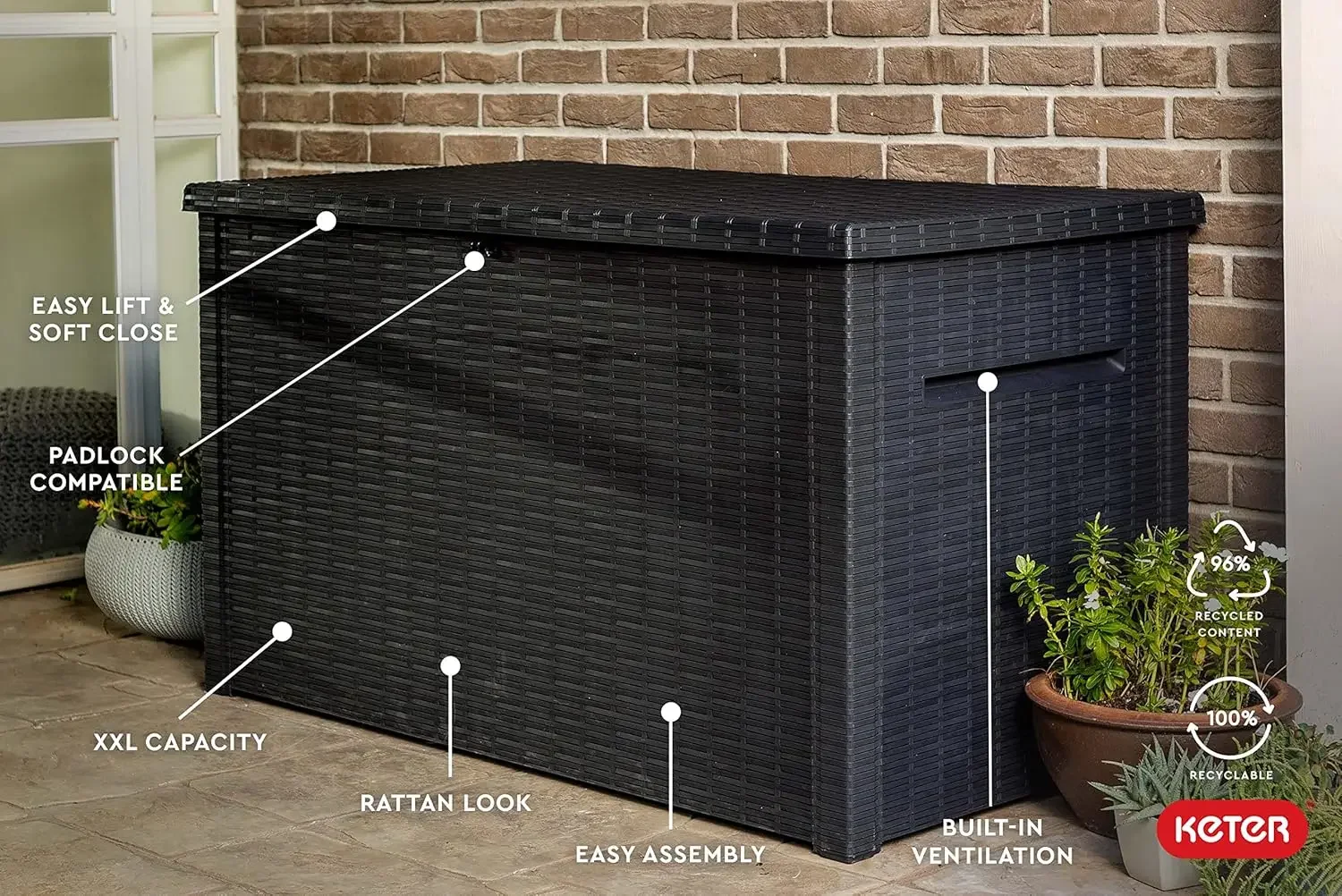 Keter Java Xxl 230 Gallon Hars Rotan Look Grote Outdoor Opslag Dek Doos Voor Patio Meubelen Kussens, Zwembad Speelgoed, En Tuin