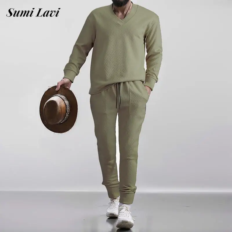 

2024 Spring Fall Fashion Textured Two Piece Suits Men Casual Solid Color Long Sleeve V Neck T-shirts And Pants Outfits Mens Sets