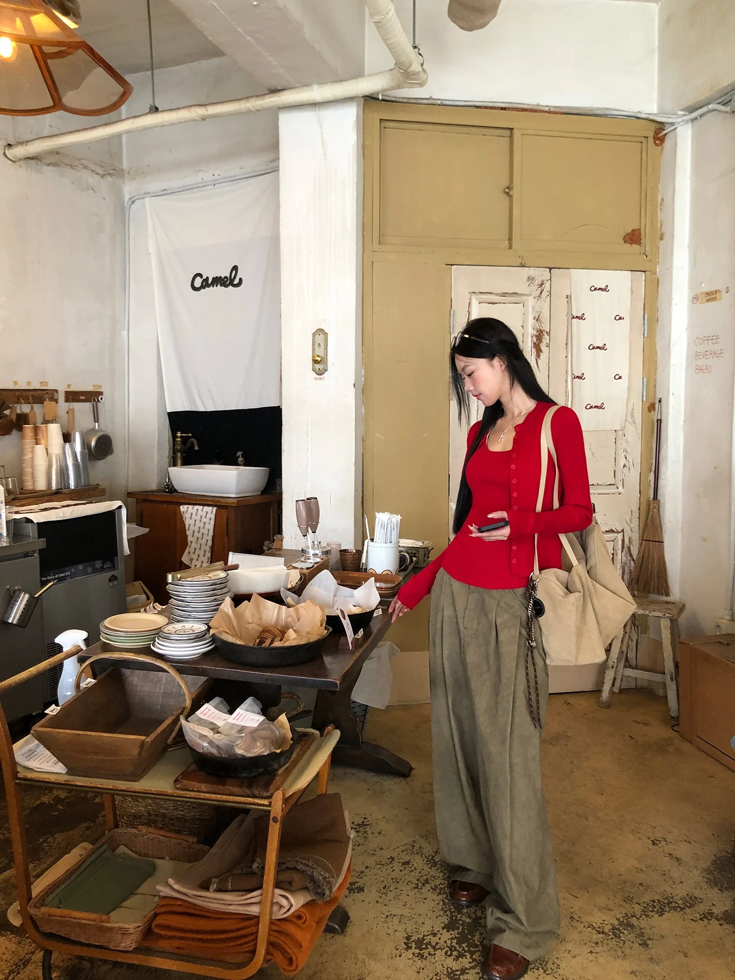 

High Waist Wide Leg Cotton Denim Pants Women's Loose Straight American Khaki Color Pure Cotton Trousers Autumn New Arrival