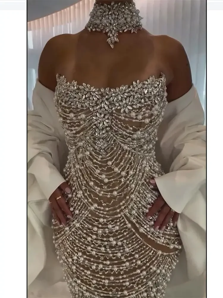 Serene Hill 2025 Saudi Beaded Evening Dresses Gowns for Women white Mermaid for Women Wedding Party BLA72802 Customized