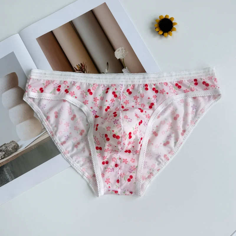 Underwear Men Floral Printed Thin Lace Panties Summer Sweet U Convex Pouch Lingerie Low Waist Underpants Bikini Slip Homme