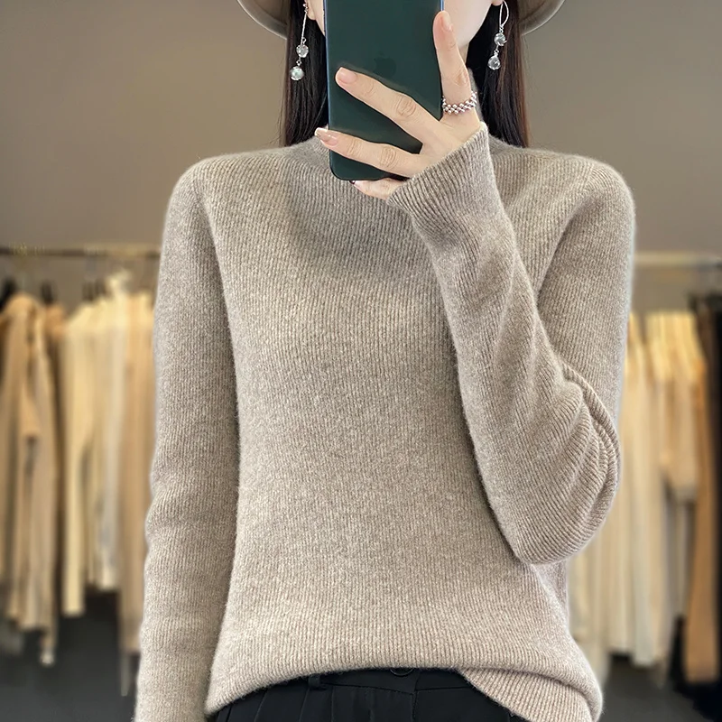 

Seamless Women Australian Wool Pullover Sweater Half height Neck Long Sleeve Vertical slim fit style High Quality Basic tops