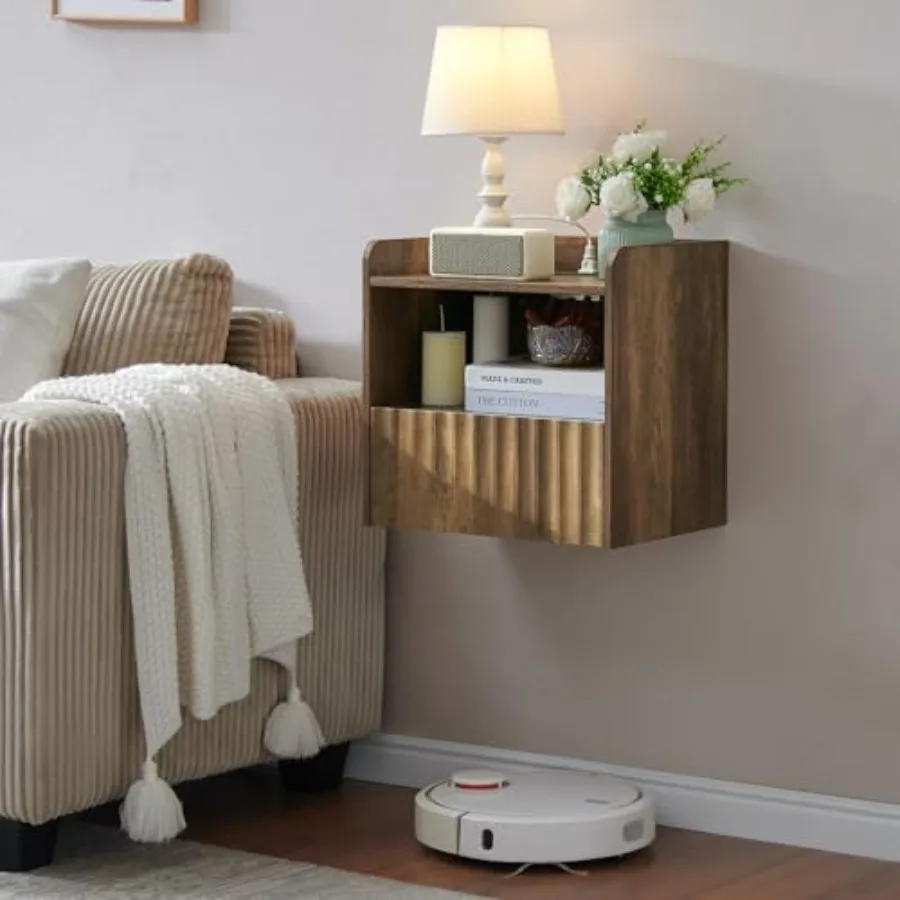 

Modern Fluted Floating Nightstand Wall Mounted - Bedside Table with Storage Drawer and Display Shelf Minimalist Bedroom Furnitu