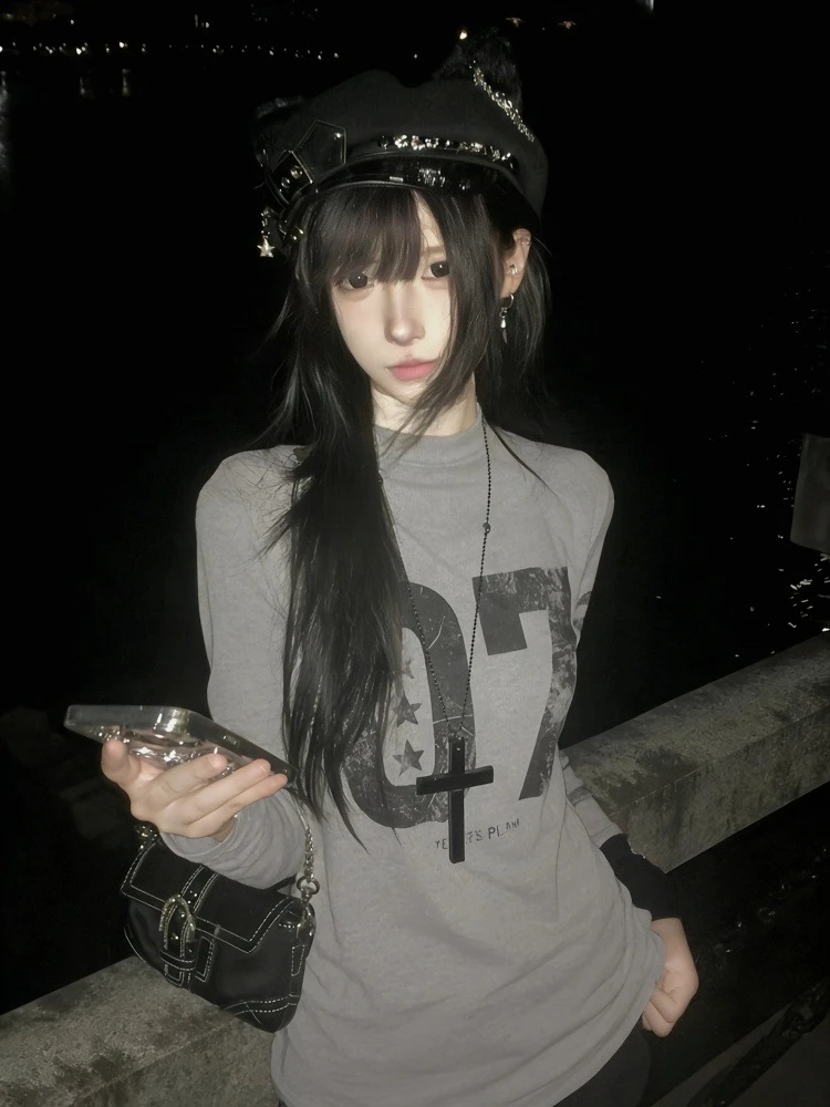 Subculture Vintage Tees Japanese Gotihc Punk T Shirts Outwear Harajuku Long Sleeve T-shirts Women Y2k Clothing Printed American