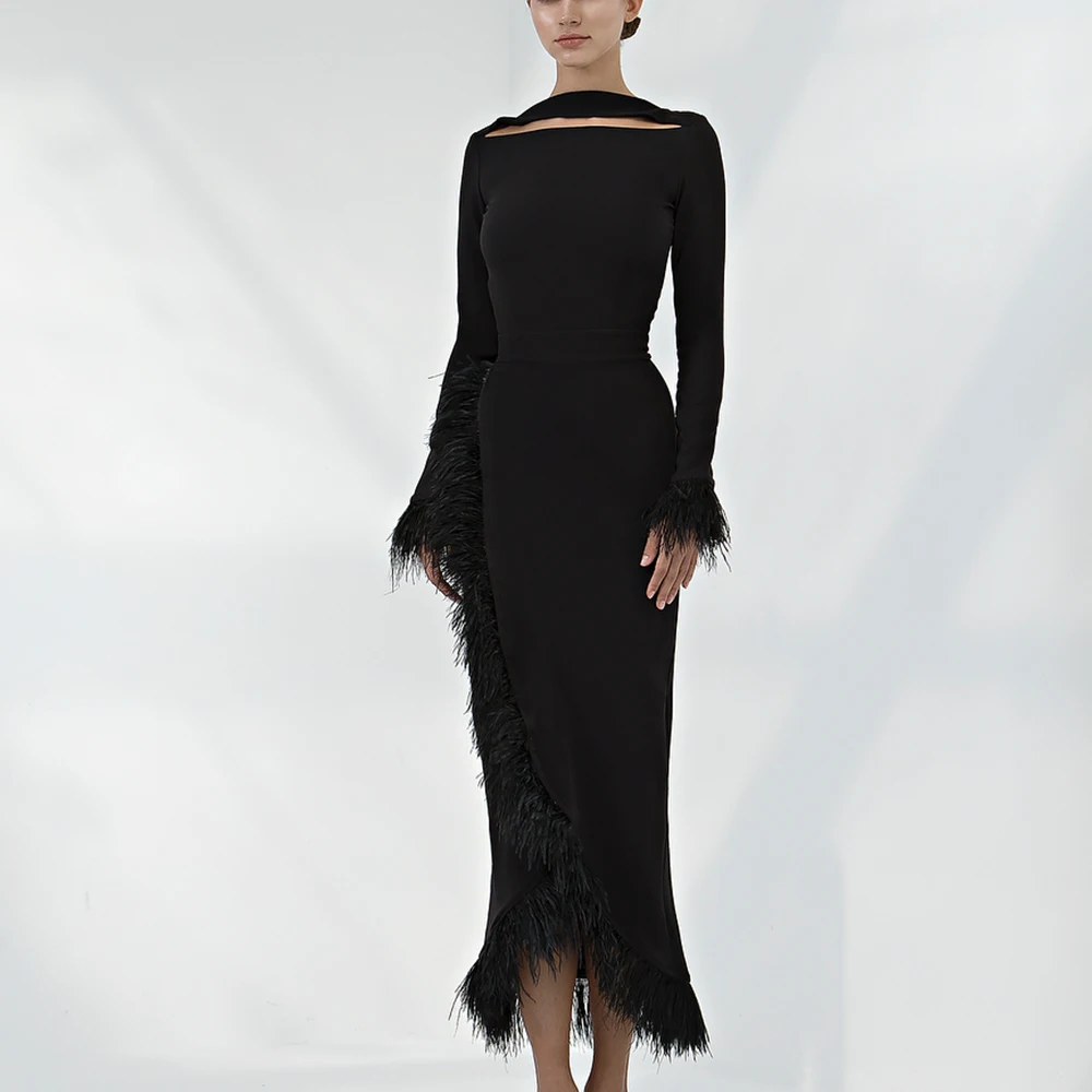 

Customized Formal Jersey Straight Feathers Evening Dress O-neck Tea Length Long Sleeves Black Party Gowns Saudi Arabia 2024