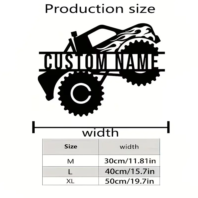 Personalized Monster Truck Metal Wall Art, metal Garage Decor with All-Terrain Tires & Flame Design for Home, for Man Cave