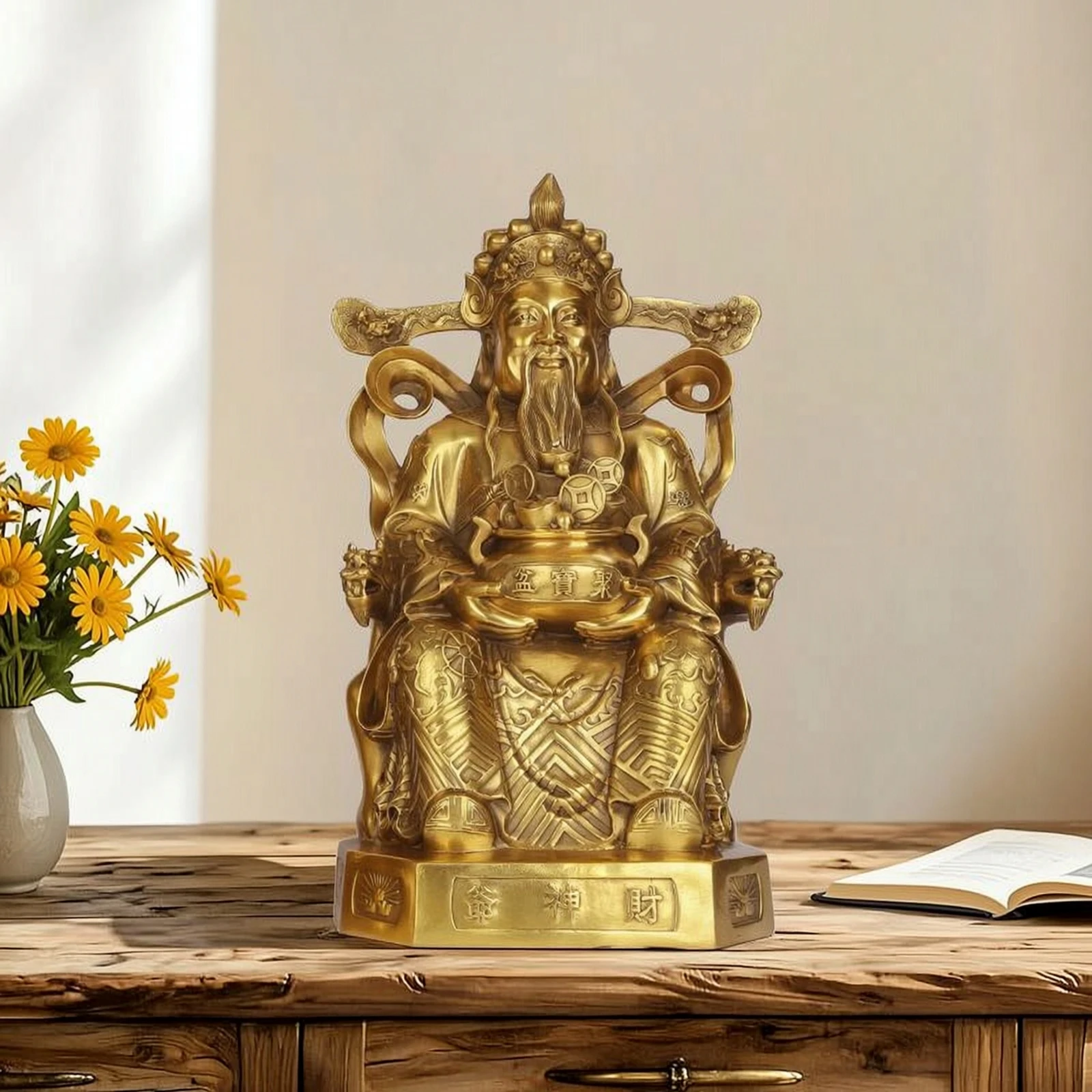 Wealth Deity Statue Brass-Toned God of Wealth Statue Figurine with Base Ingot Ornament Polished Figure Carved for Believers