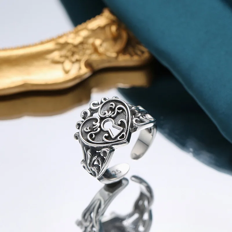 S925 loving heart in sterling silver ring vintage vintage ethnic style open adjustable ring heart-shaped couple ring