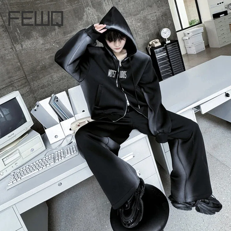 FEWQ Two Piece Spray Painted Set Embroidered  High Street Hoodie Sweatshirt Male New Wide Leg Pants 2024 Autumn Fashion 28W4529